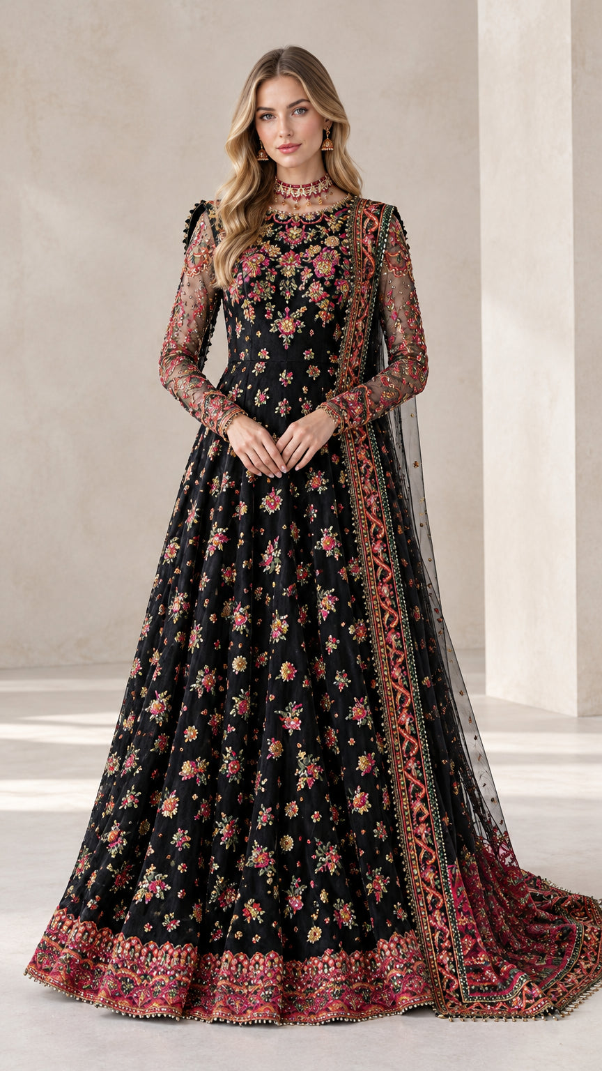 Black embroidered long sleeve Anarkali gown front view