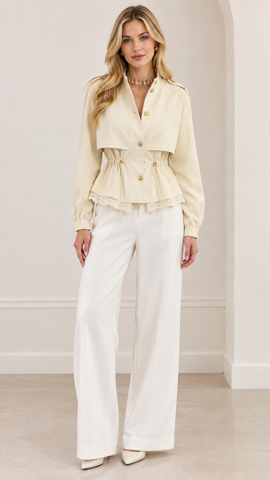 Front full-length view of woman wearing cream peplum trench jacket with white wide-leg pants