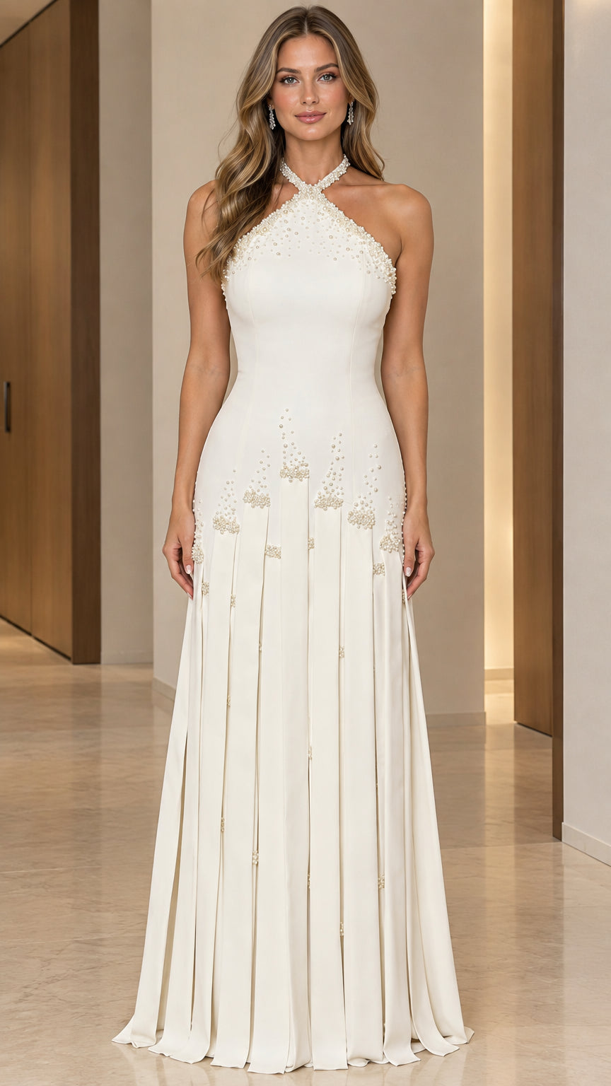 Front view of Ivory White pearl halter neck evening maxi dress