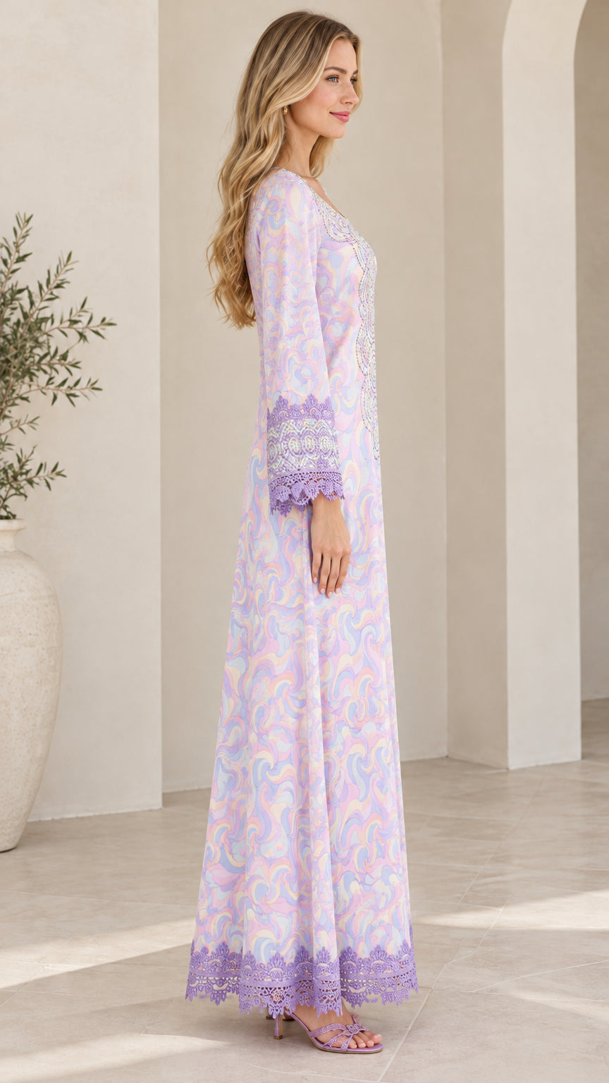 Side full-length view of woman in lilac embellished long sleeve maxi dress