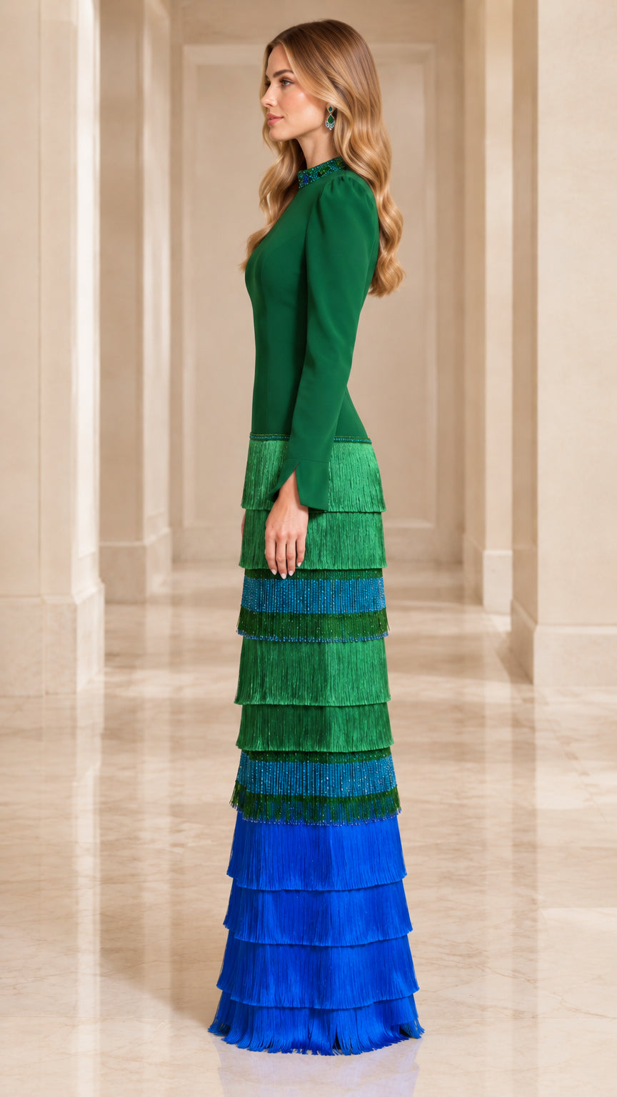 Side profile view of Emerald Green long sleeve tiered fringe formal gown