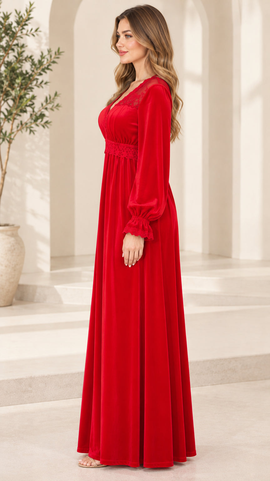 Side profile of woman wearing Red long sleeve velvet maxi dress
