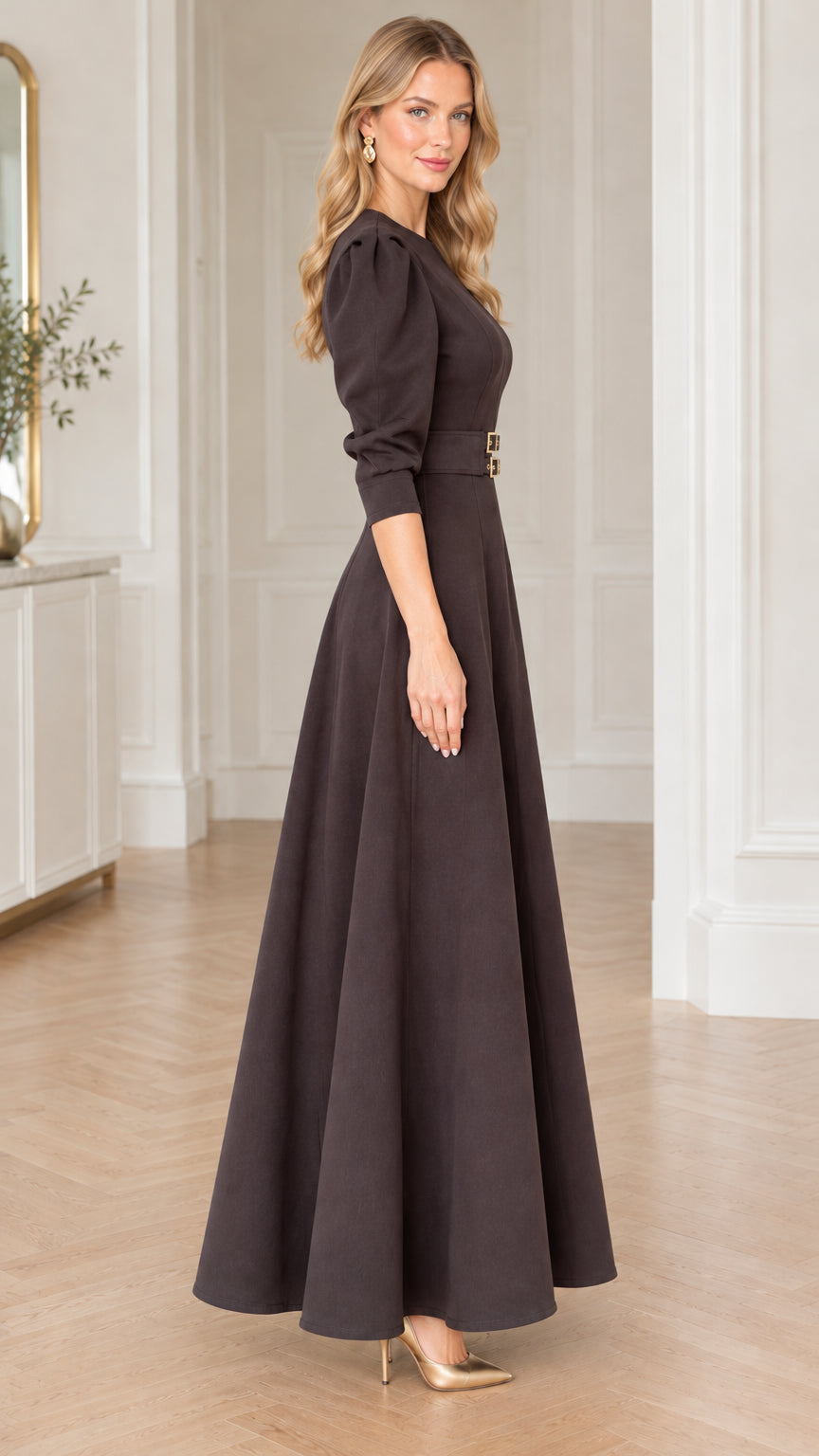 Side angle view of model wearing espresso brown long A-line dress