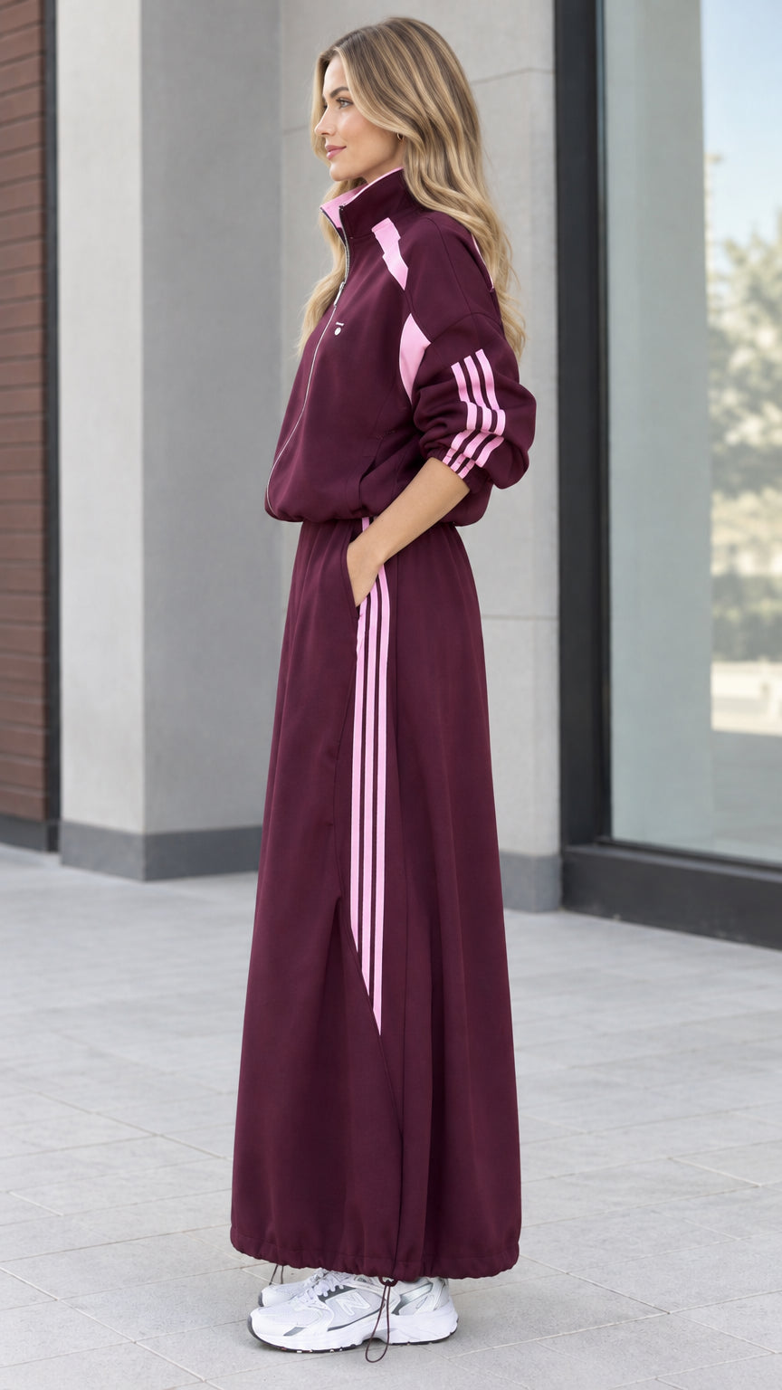 Side profile view of burgundy track jacket and side-striped maxi skirt co-ord