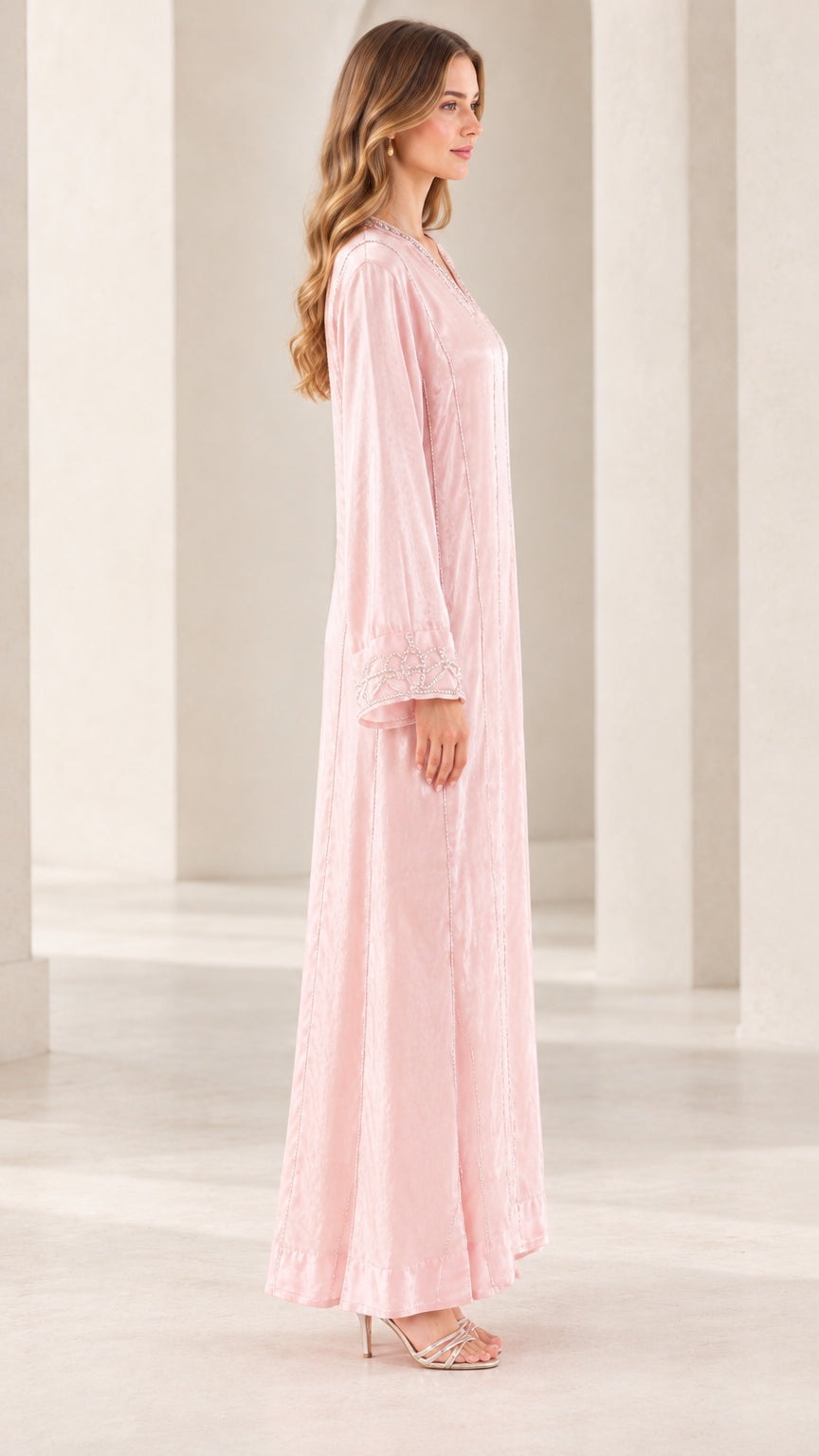 Side profile view of Blush Pink long sleeve kaftan maxi dress