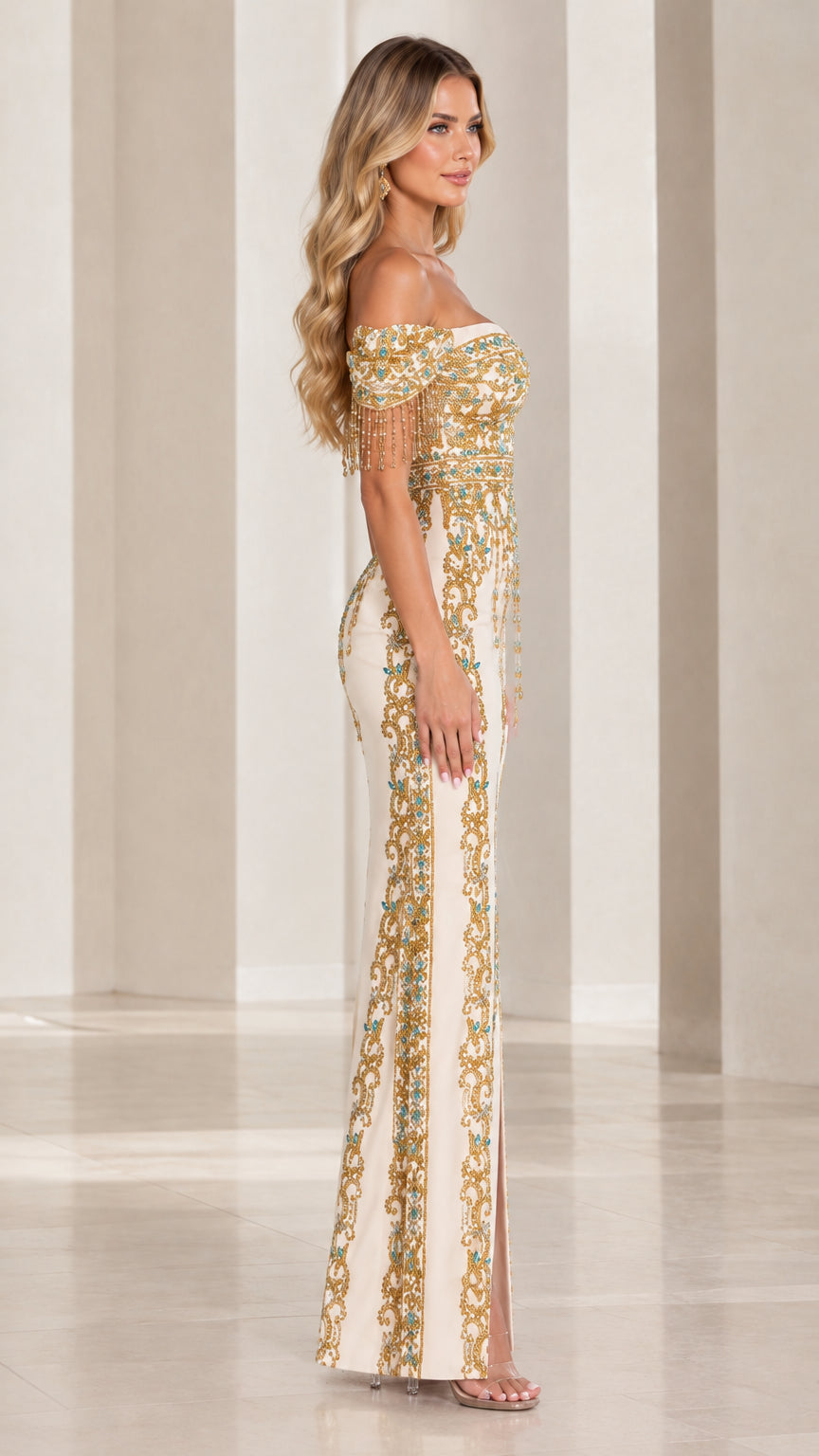 Ivory beaded column maxi dress with side slit and sweetheart neckline, side view