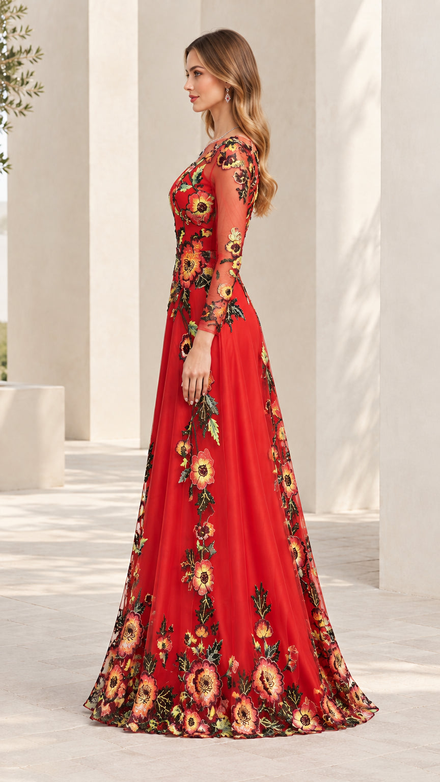 Side view of woman wearing red embroidered floor-length formal dress