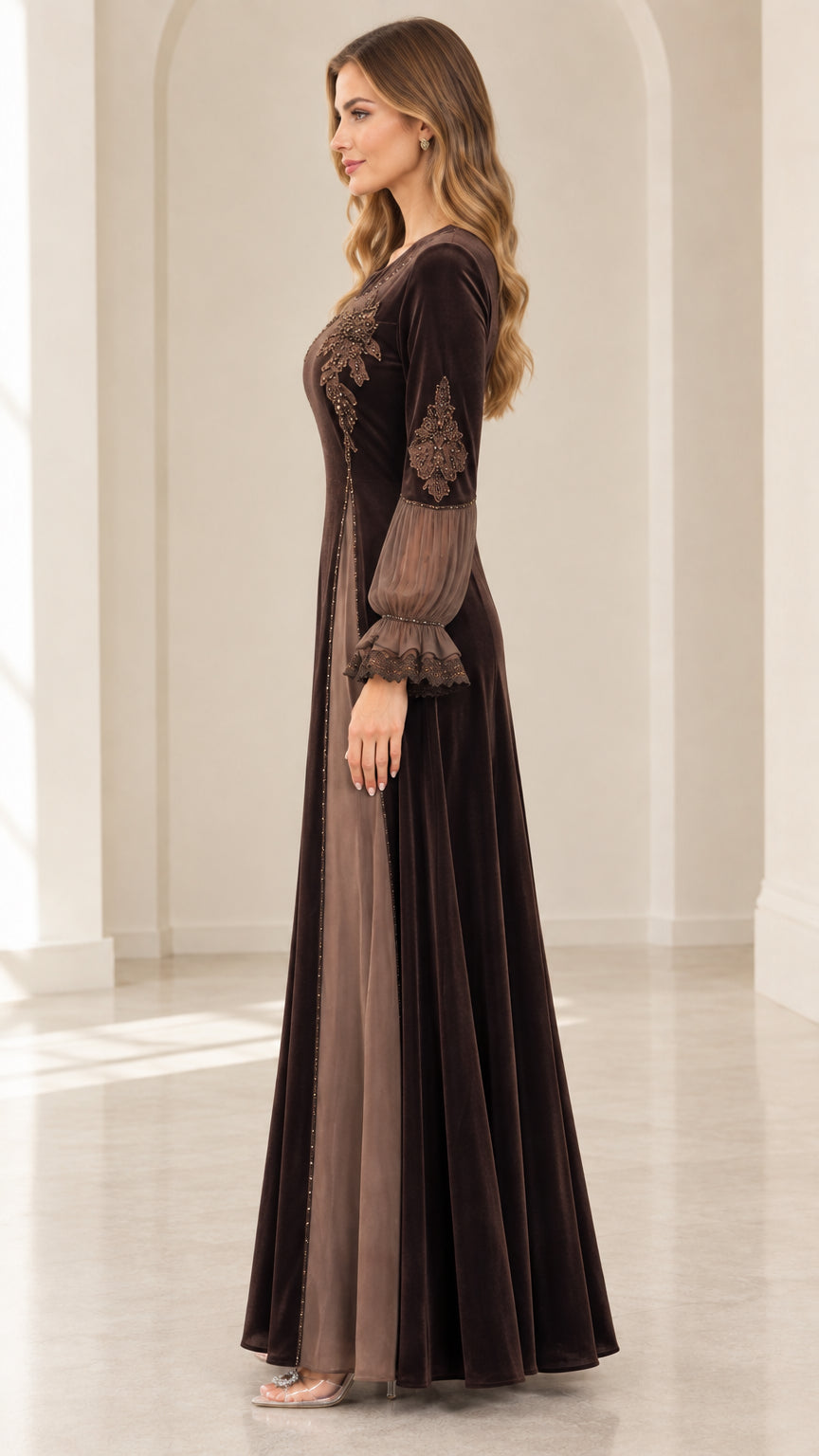 Side profile of brown velvet A-line evening gown with gathered sleeve details