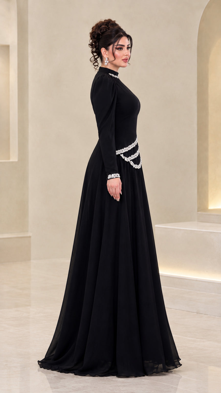 Side profile view of black modest long sleeve evening gown
