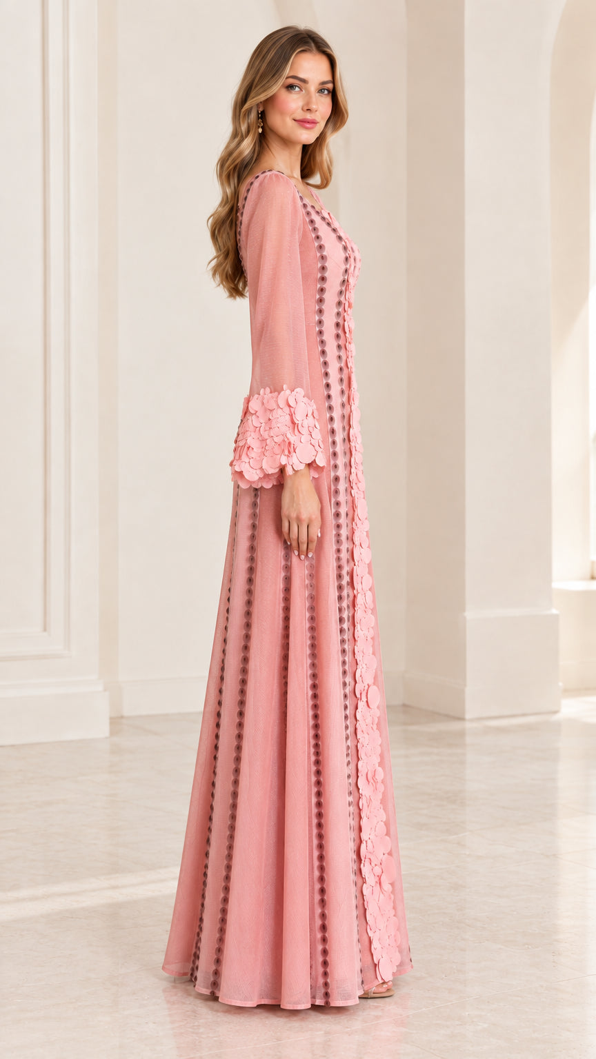 Side profile view of dusty pink maxi dress showing elegant silhouette and flared cuffs