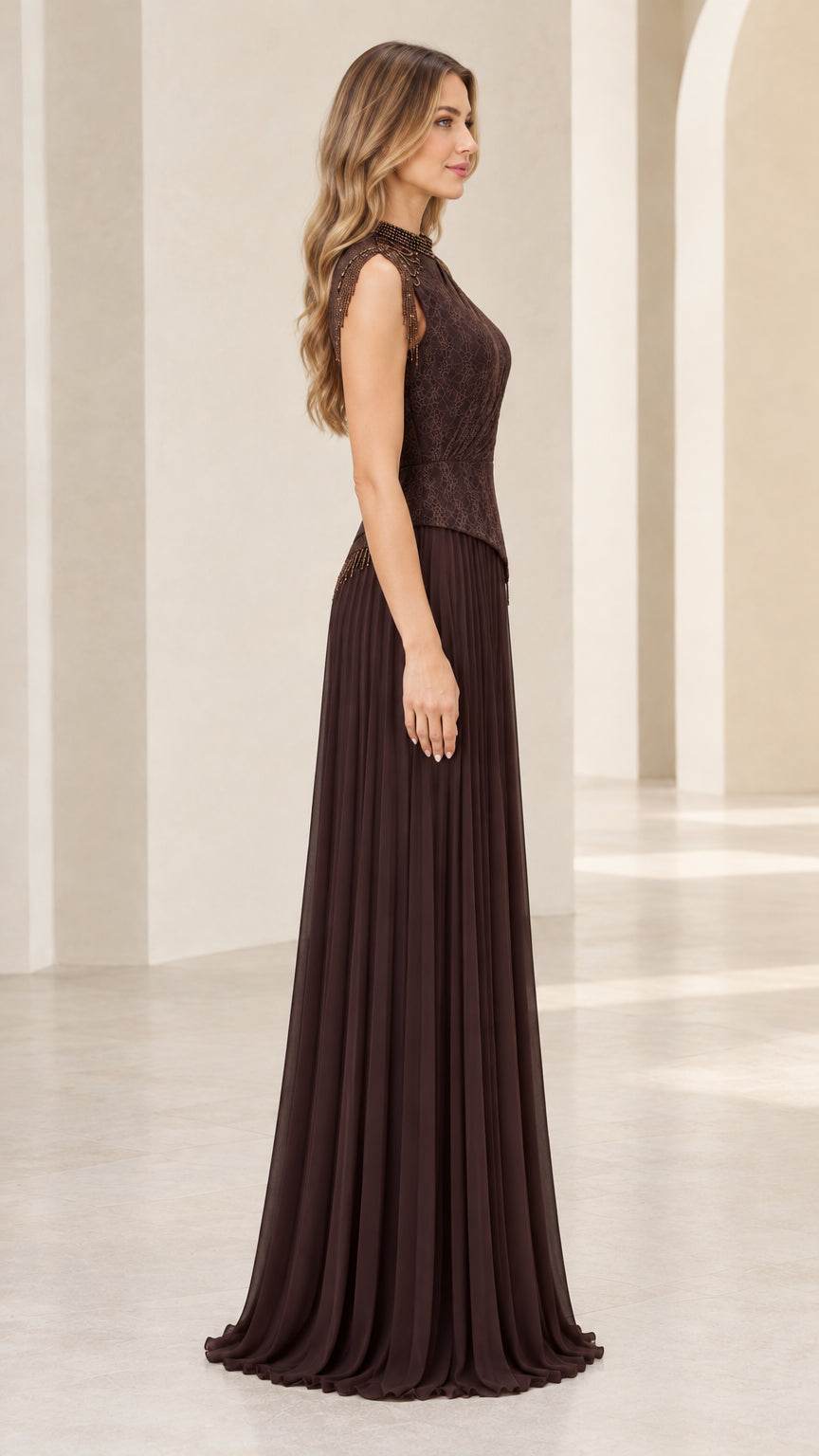 Side profile view of model wearing chocolate brown floor-length formal dress