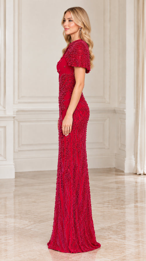 Red embellished capelet formal maxi dress side profile view