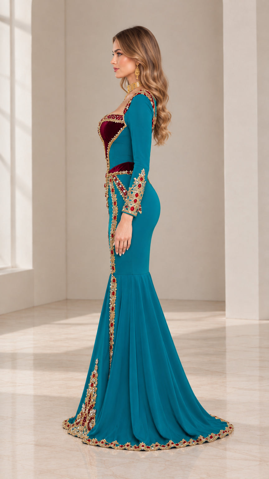 Side profile of teal embellished mermaid gown showing fitted silhouette and sweep train