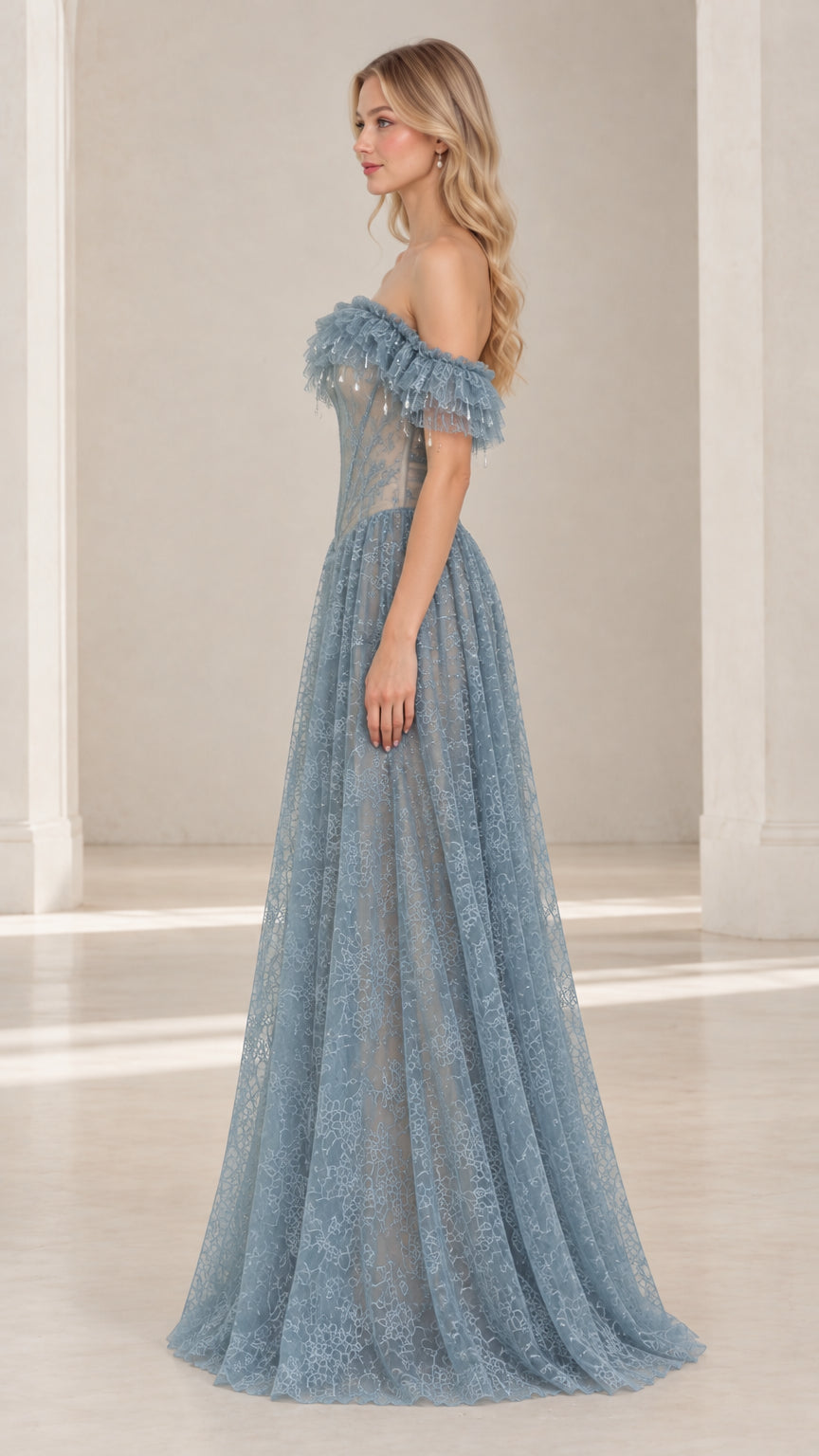 Dusty Blue off-the-shoulder formal dress side profile