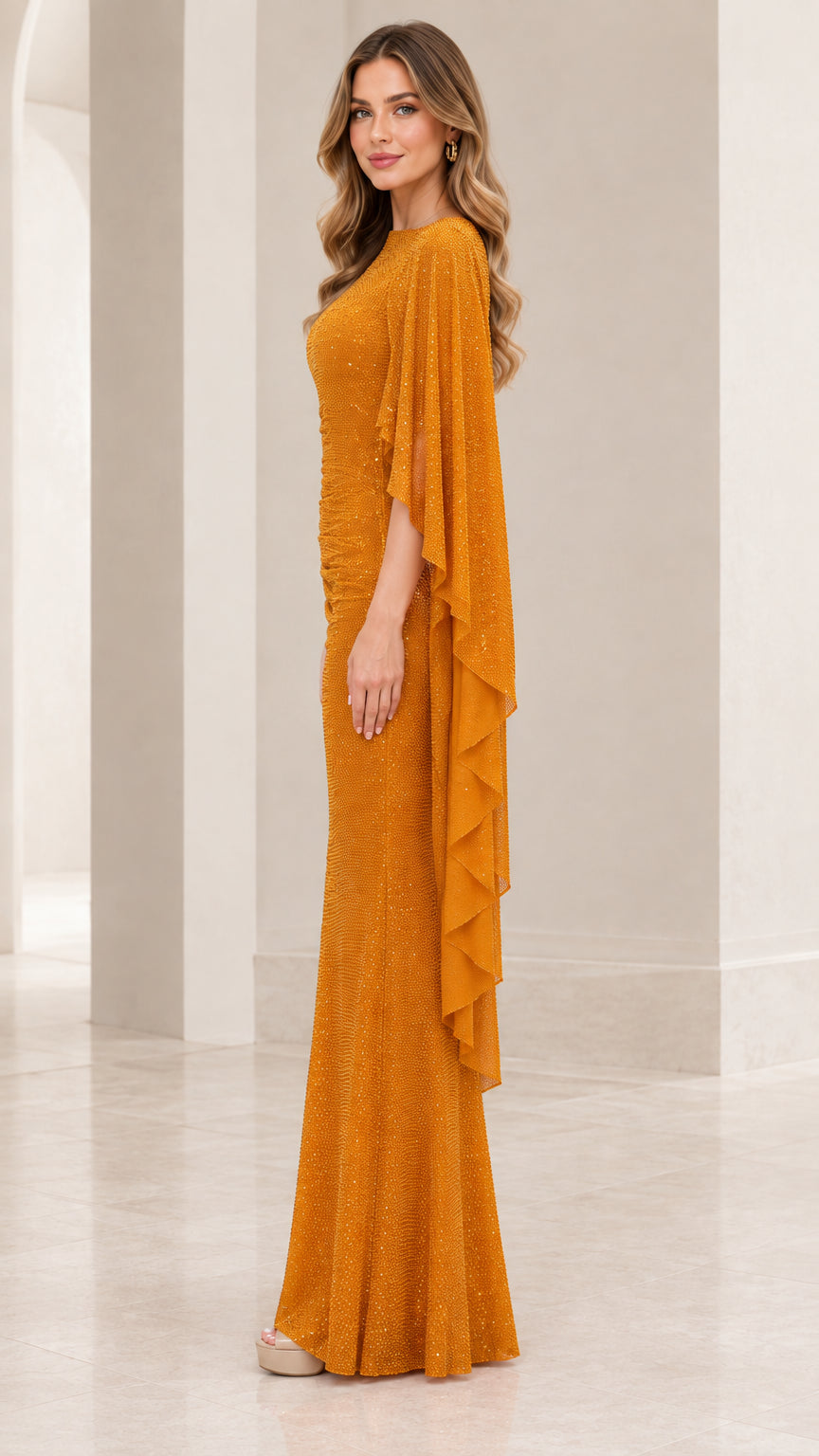 Side profile view of Mustard Gold cape evening dress showcasing draped detail