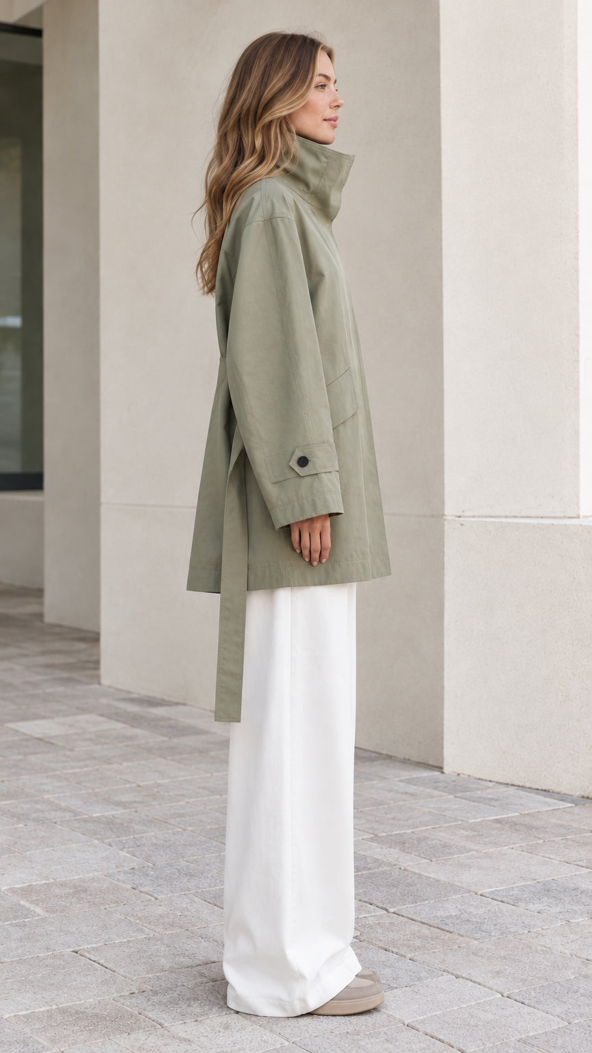 Side profile view of Sage Green relaxed belted short trench coat