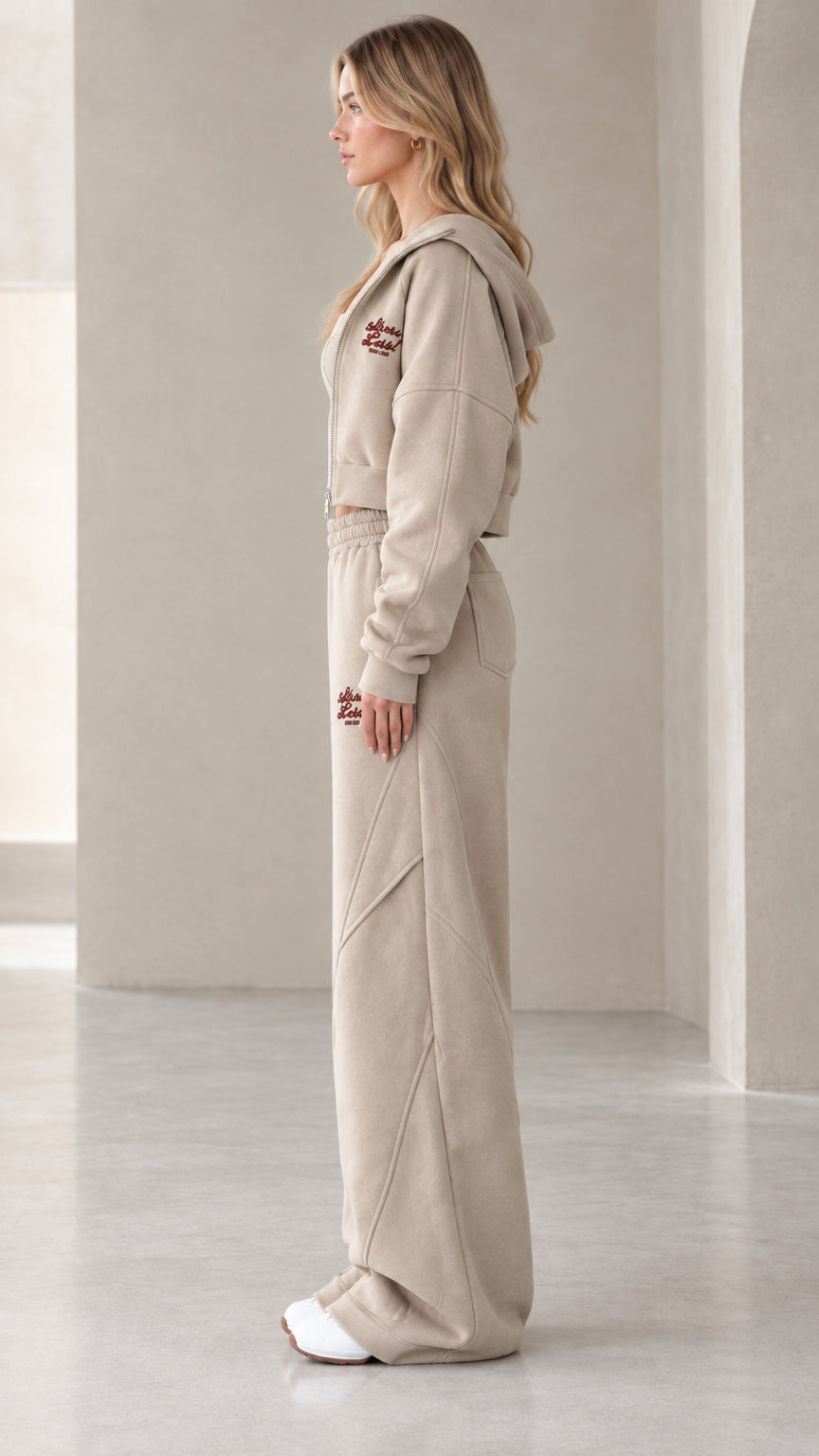 Side profile view of oatmeal 3-piece fleece loungewear set showing panel detailing