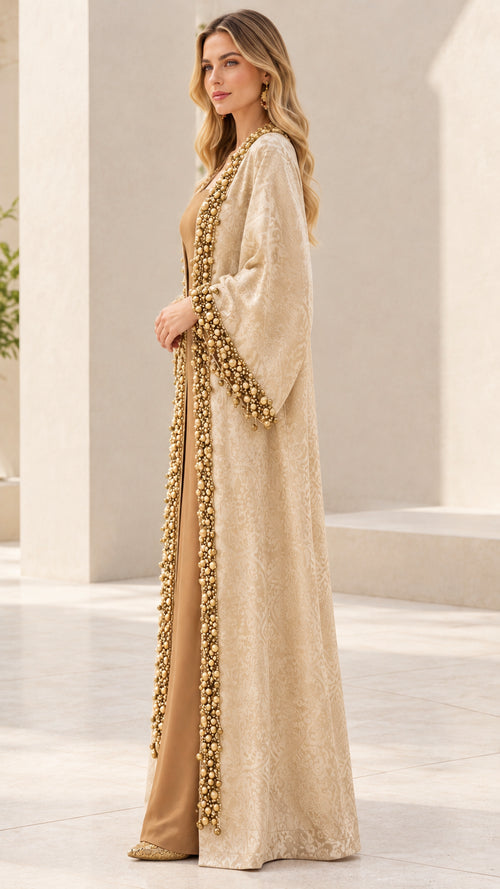 Side profile of woman in elegant Champagne open-front jacquard maxi robe