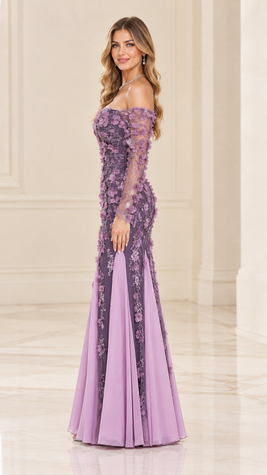 Side profile of dusty purple formal gown highlighting sheer embroidered sleeves and godet skirt