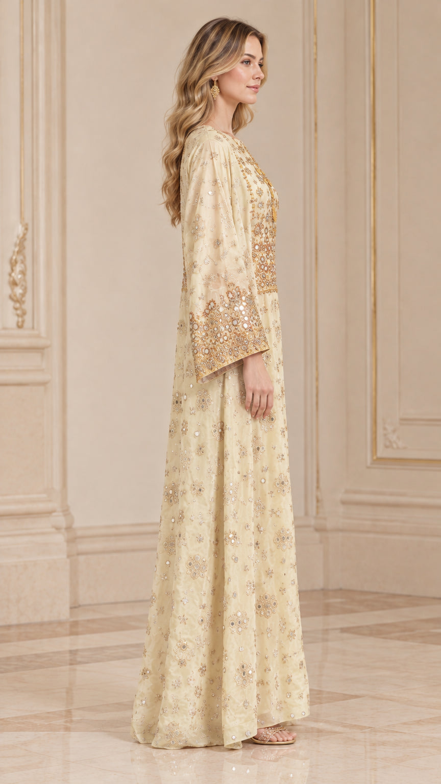 Side profile view of woman wearing Champagne embellished floor-length kaftan dress