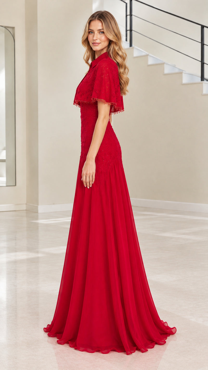 Side view of red chiffon maxi dress with collared lace cape overlay