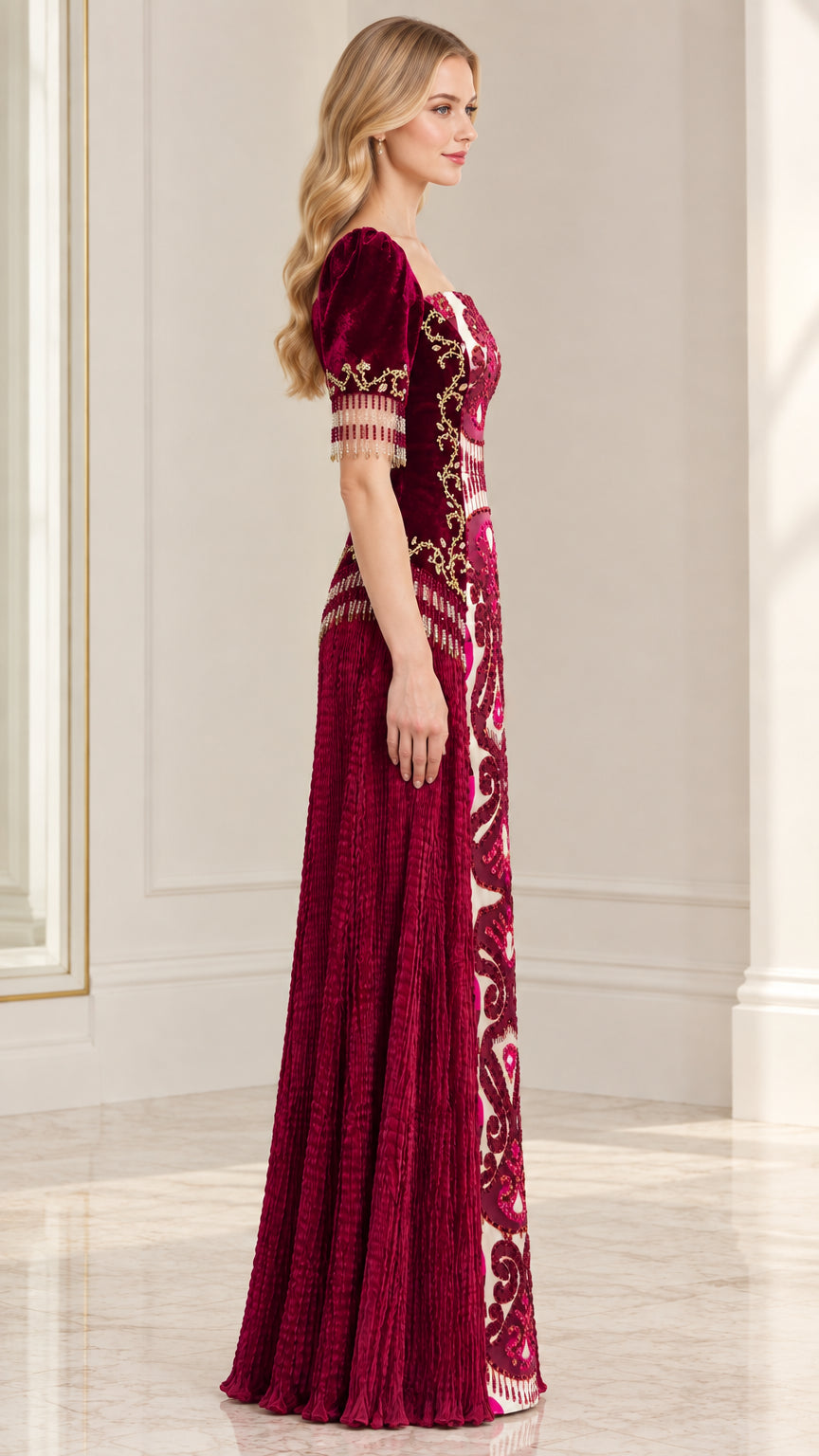 Side profile of Burgundy velvet formal maxi dress with detailed embroidery
