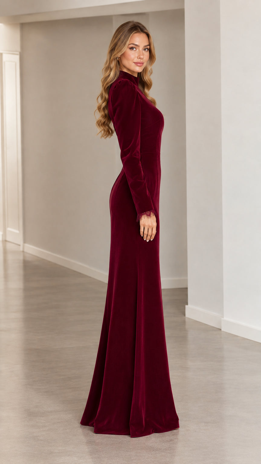 Side profile of elegant burgundy velvet maxi dress