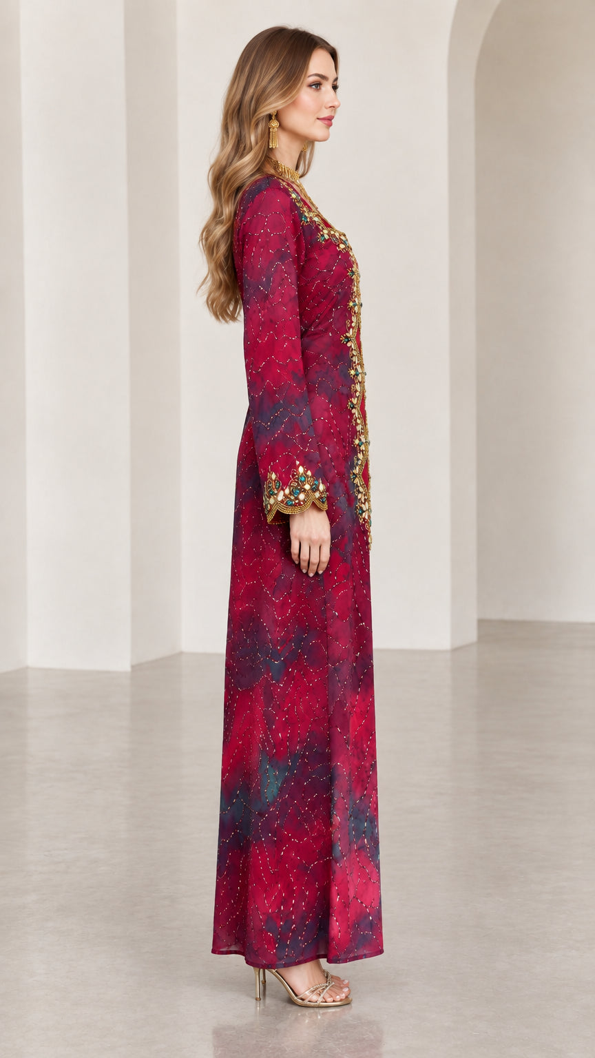 Side profile of model wearing Burgundy long sleeve embroidered kaftan dress