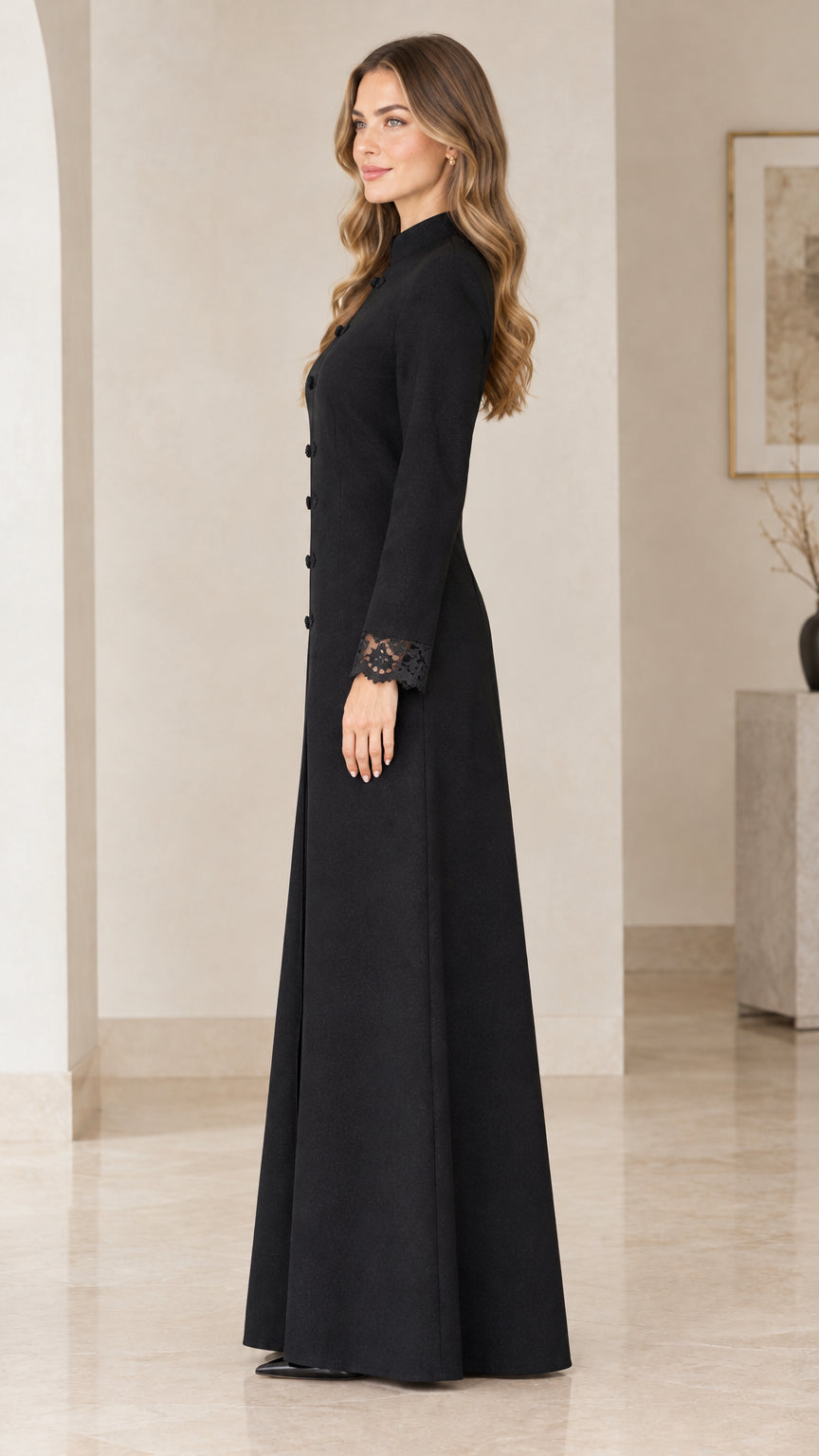 Side profile view of black long sleeve evening maxi gown
