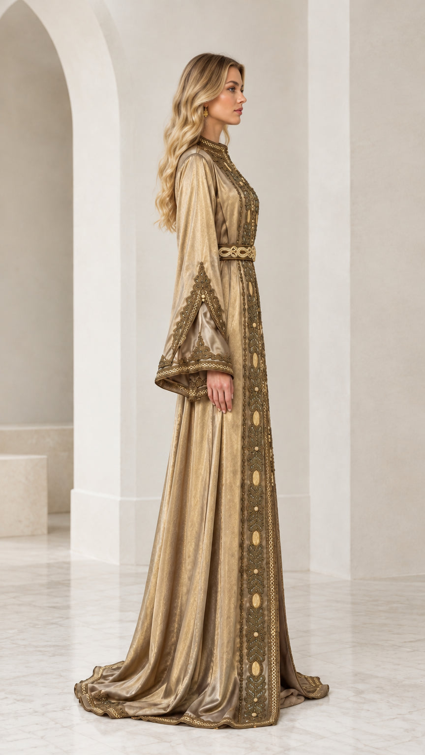 Side profile view of Champagne Gold metallic embroidered kaftan dress showing flared bell sleeves