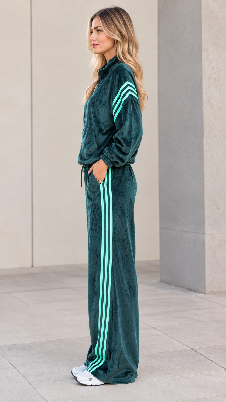 Side profile view of model wearing dark green velour zip jacket and wide leg pants