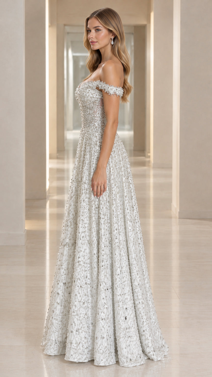 Model wearing silver off-the-shoulder formal gown side profile view
