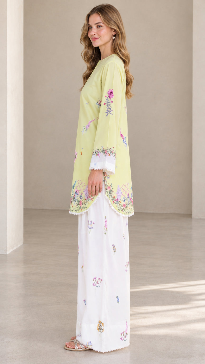 Side profile view of Light Yellow floral embroidered tunic set