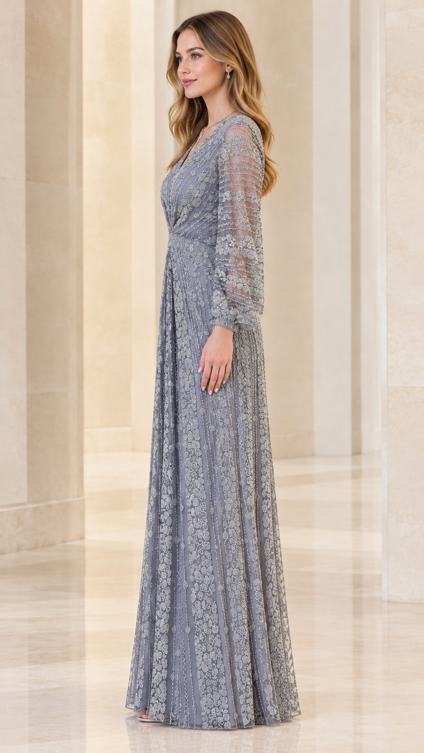 Side profile view of woman wearing Slate Grey formal maxi gown