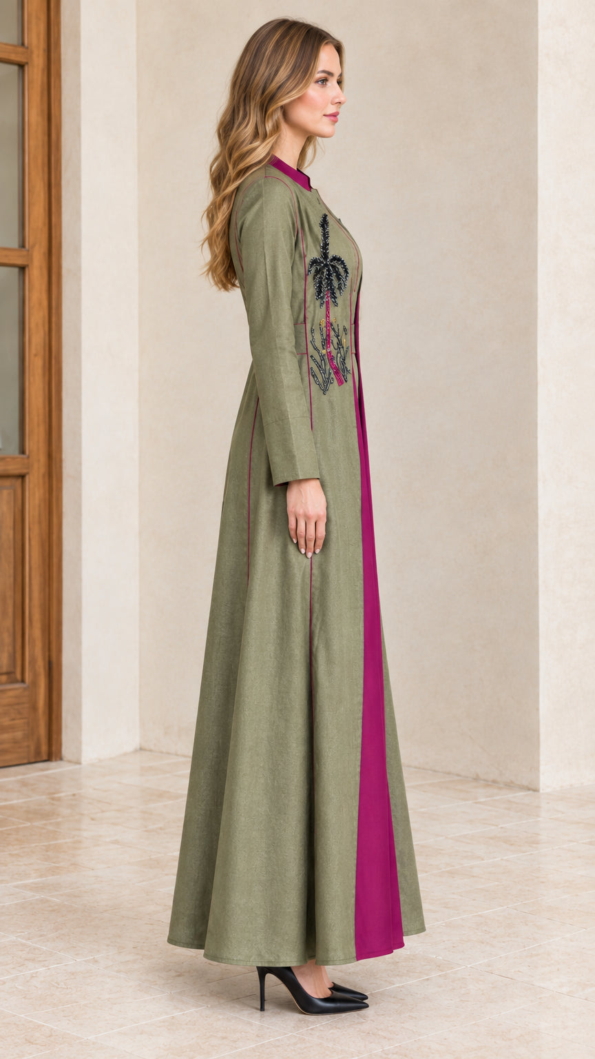 Side profile view of sage green embroidered maxi duster and inner dress set