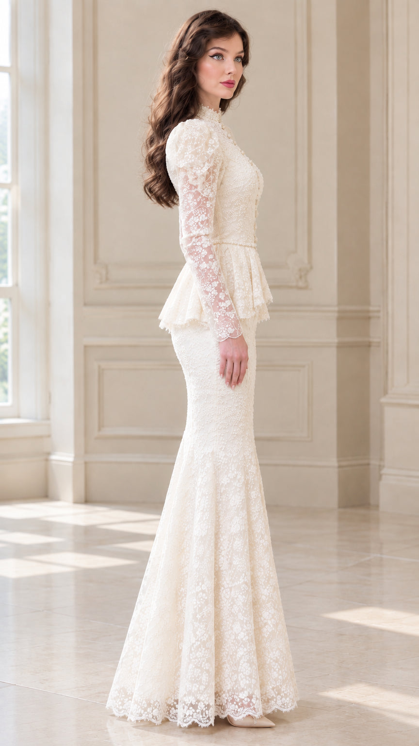 Side profile view of Cream lace maxi dress showing trumpet silhouette