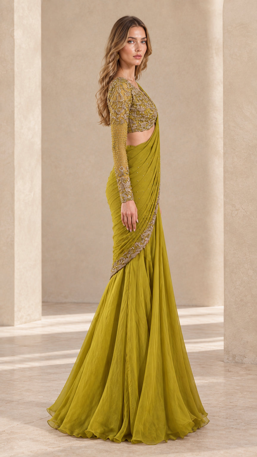 Side angle of woman wearing olive green embellished fusion saree gown