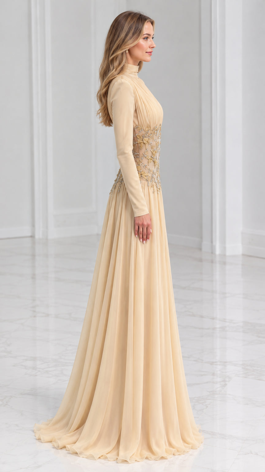 Side profile of Champagne long sleeve pleated formal maxi dress