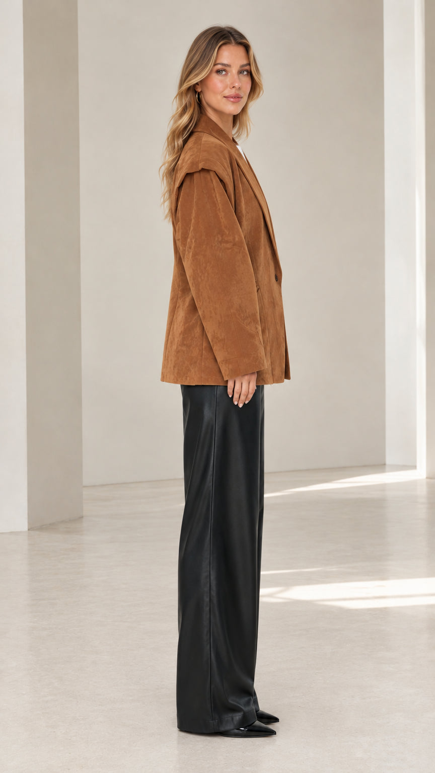 Side profile of camel oversized faux suede blazer showing length and shoulder flap detail