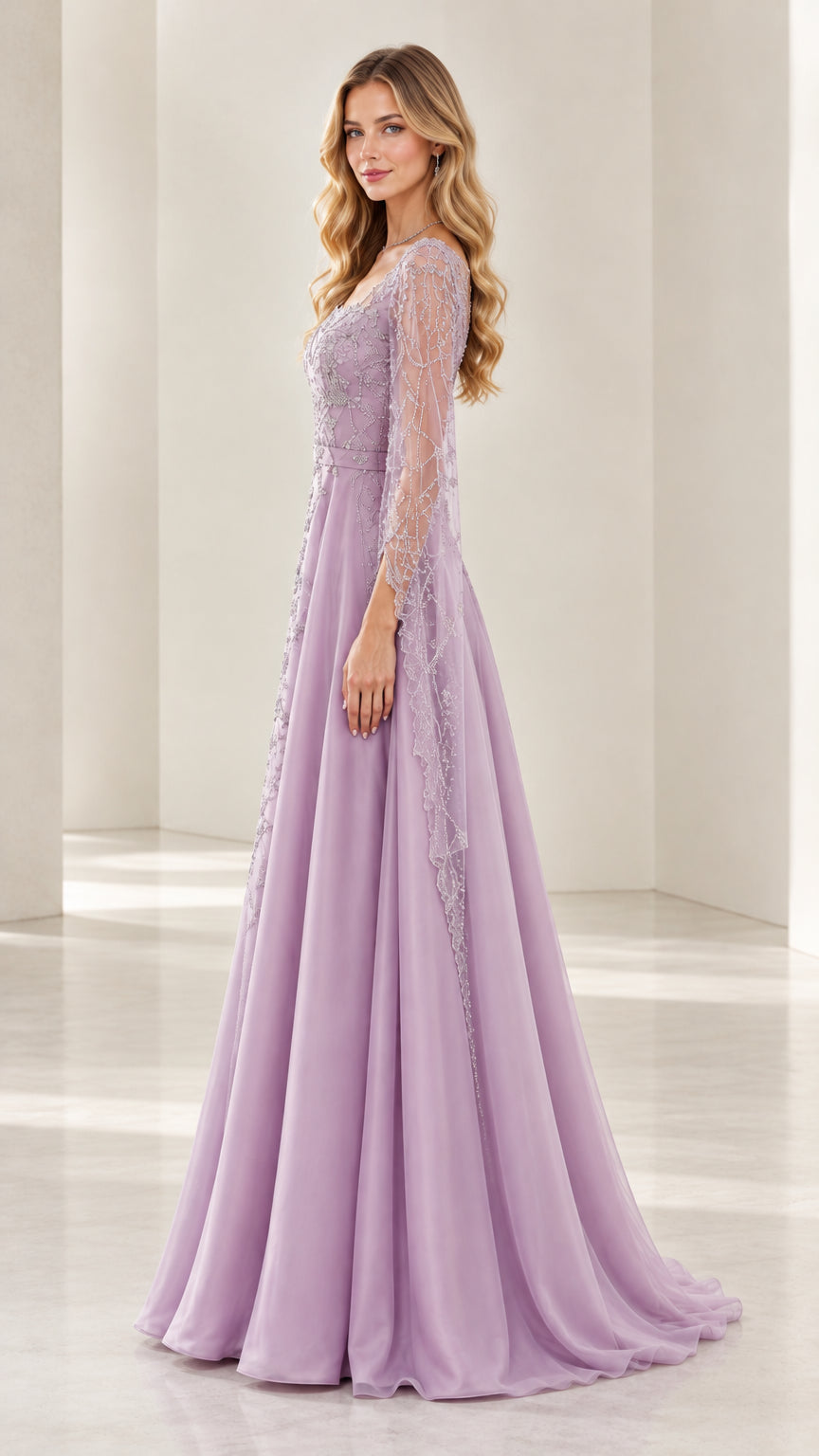 Side angle view of woman modeling lavender A-line beaded formal dress with sheer split sleeves