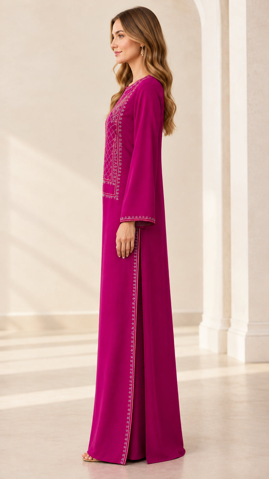 Side profile view of woman wearing magenta long sleeve kaftan dress