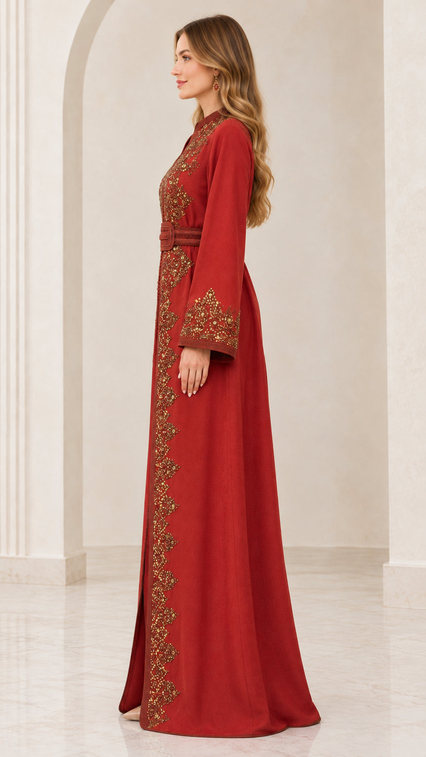 Model wearing Rust Red long-sleeve embroidered kaftan gown, side view