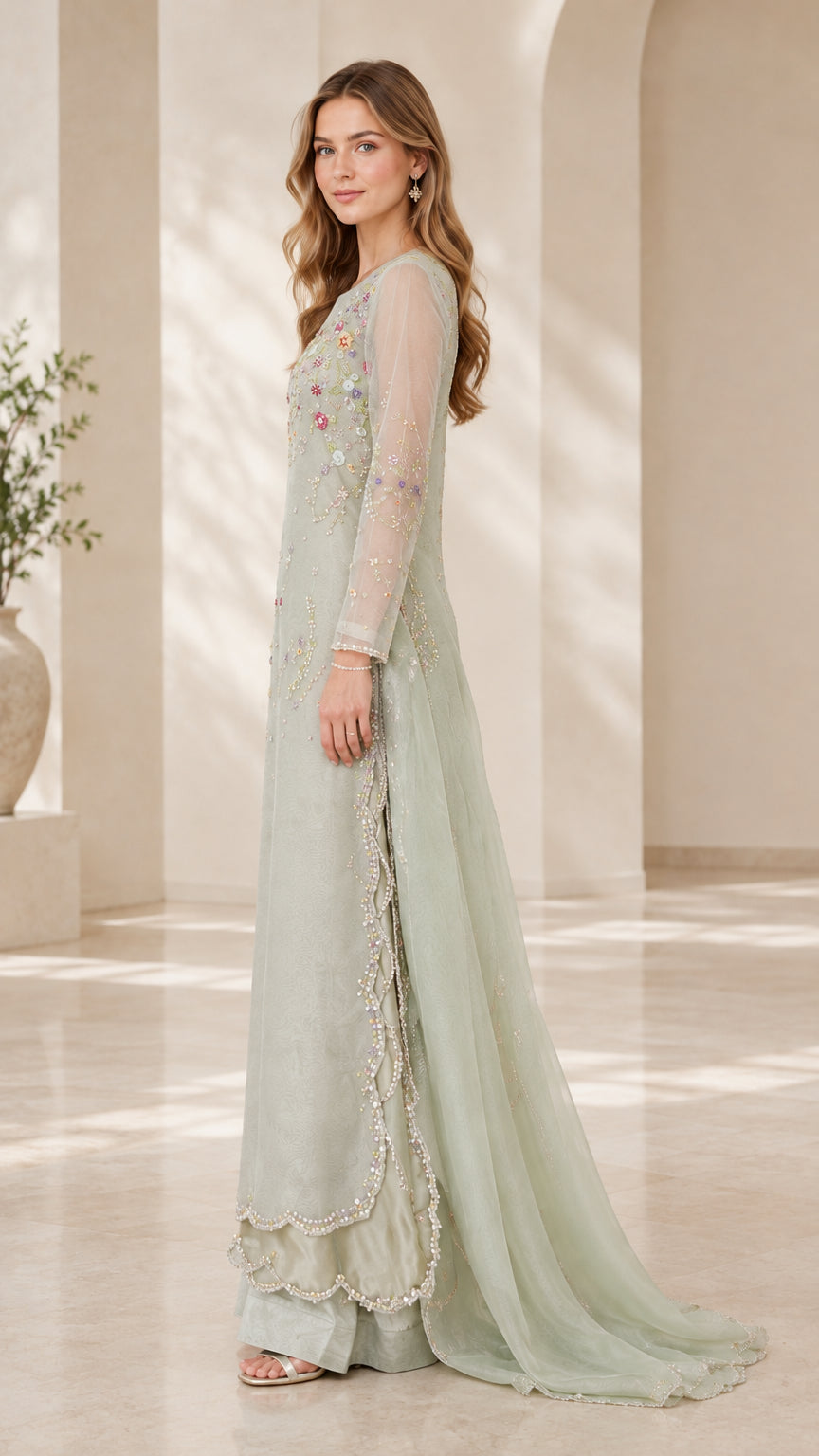 Side view of model wearing sage green embroidered tunic and wide palazzo trousers
