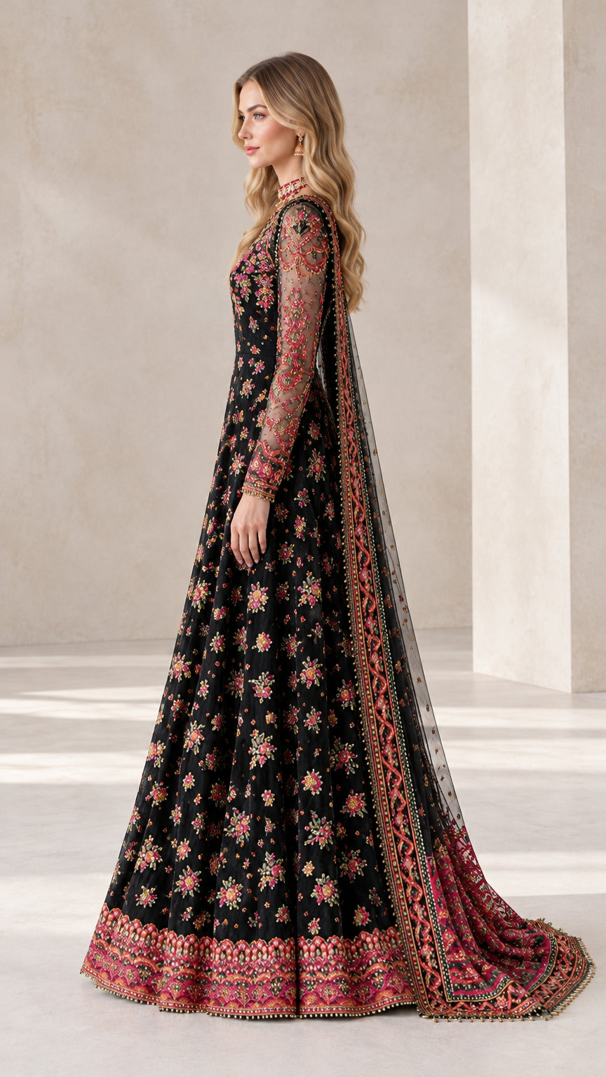 Side profile of black floral embroidered maxi gown