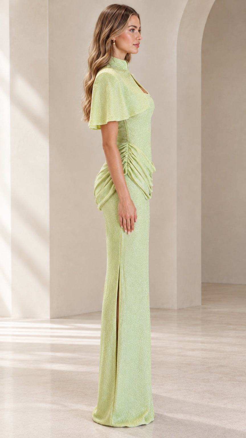 Side profile view of Sage Green shimmer maxi gown with draped waist