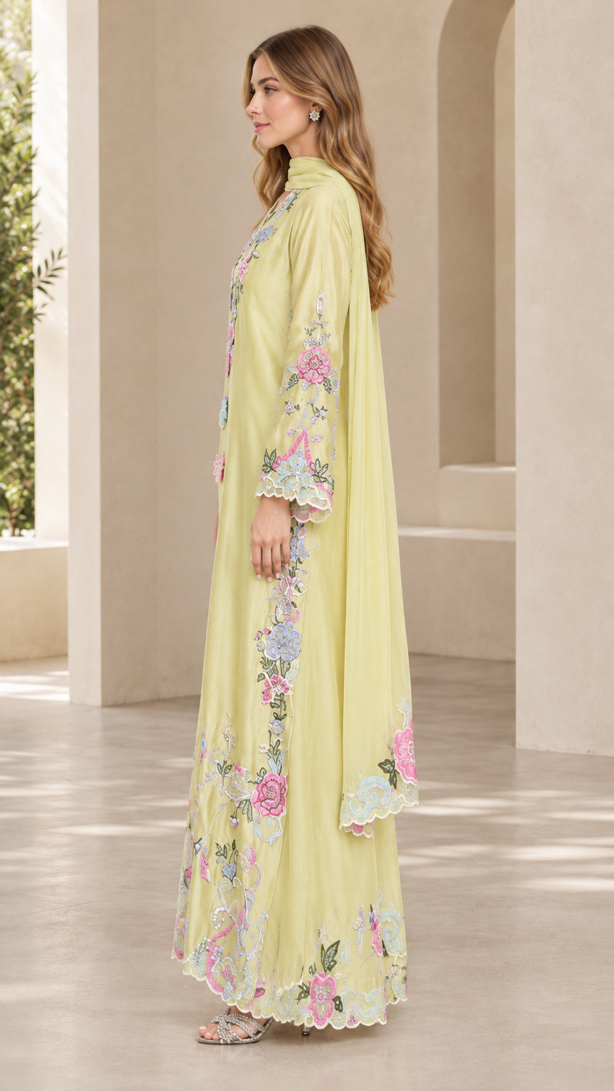Side profile view of pistachio green embroidered occasion dress