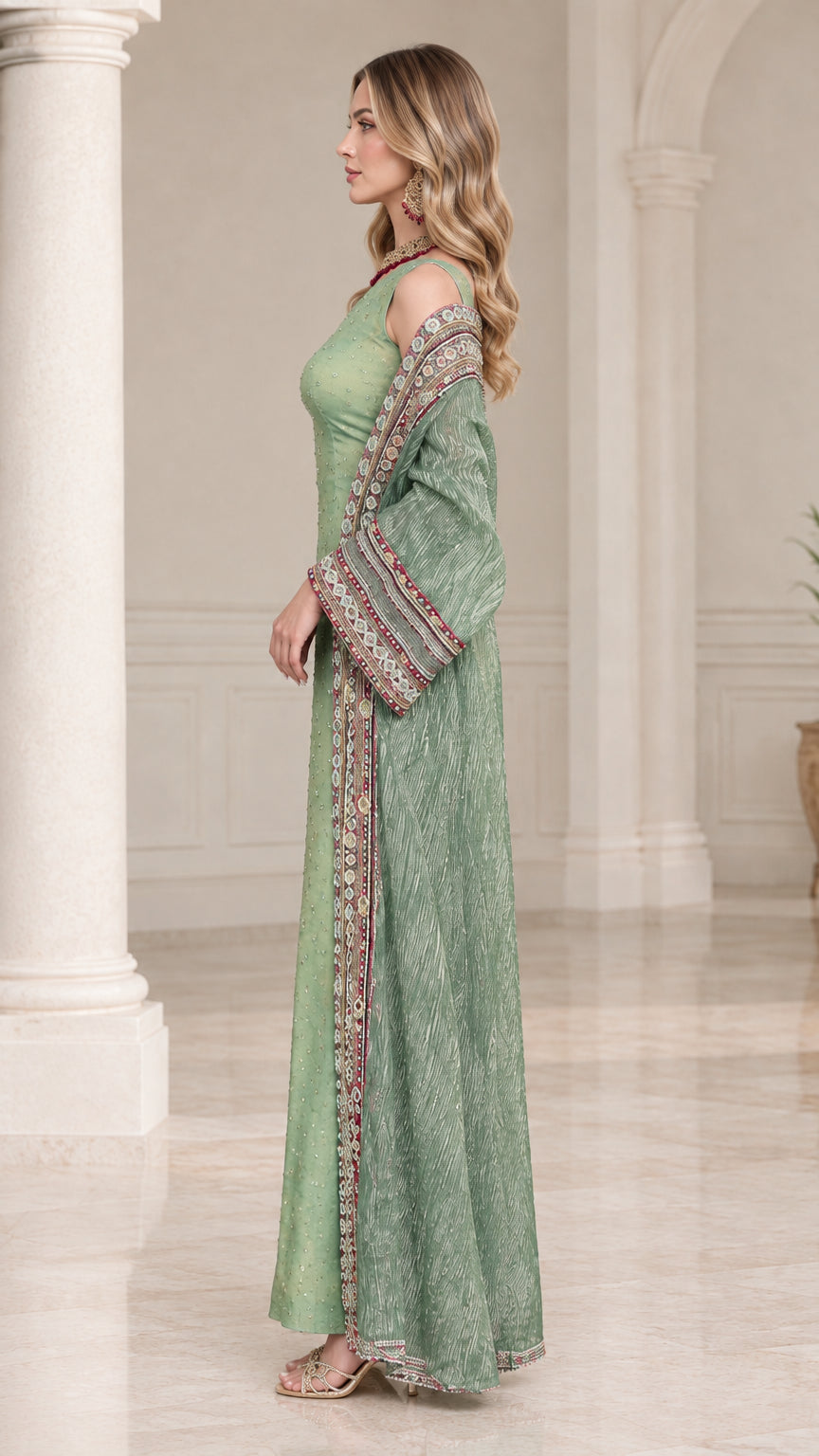 Side profile view of woman wearing sage green two-piece maxi dress set