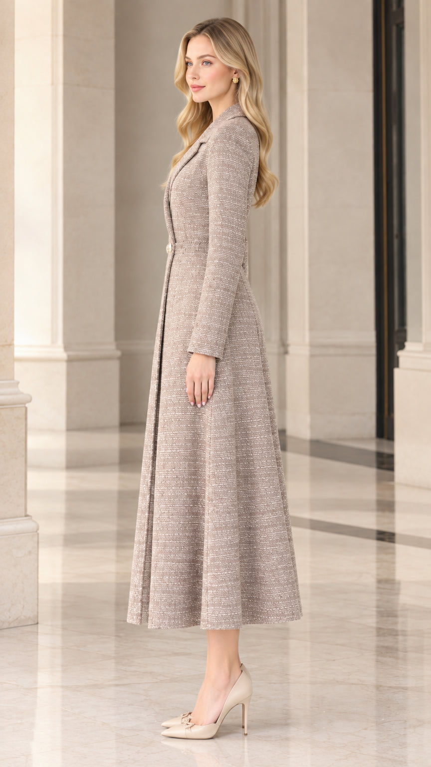 Side profile of taupe tailored flared tweed coat dress