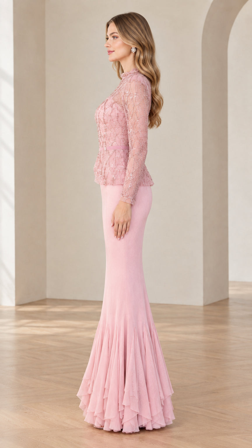 Side profile view of blush pink long sleeve embellished formal mermaid dress