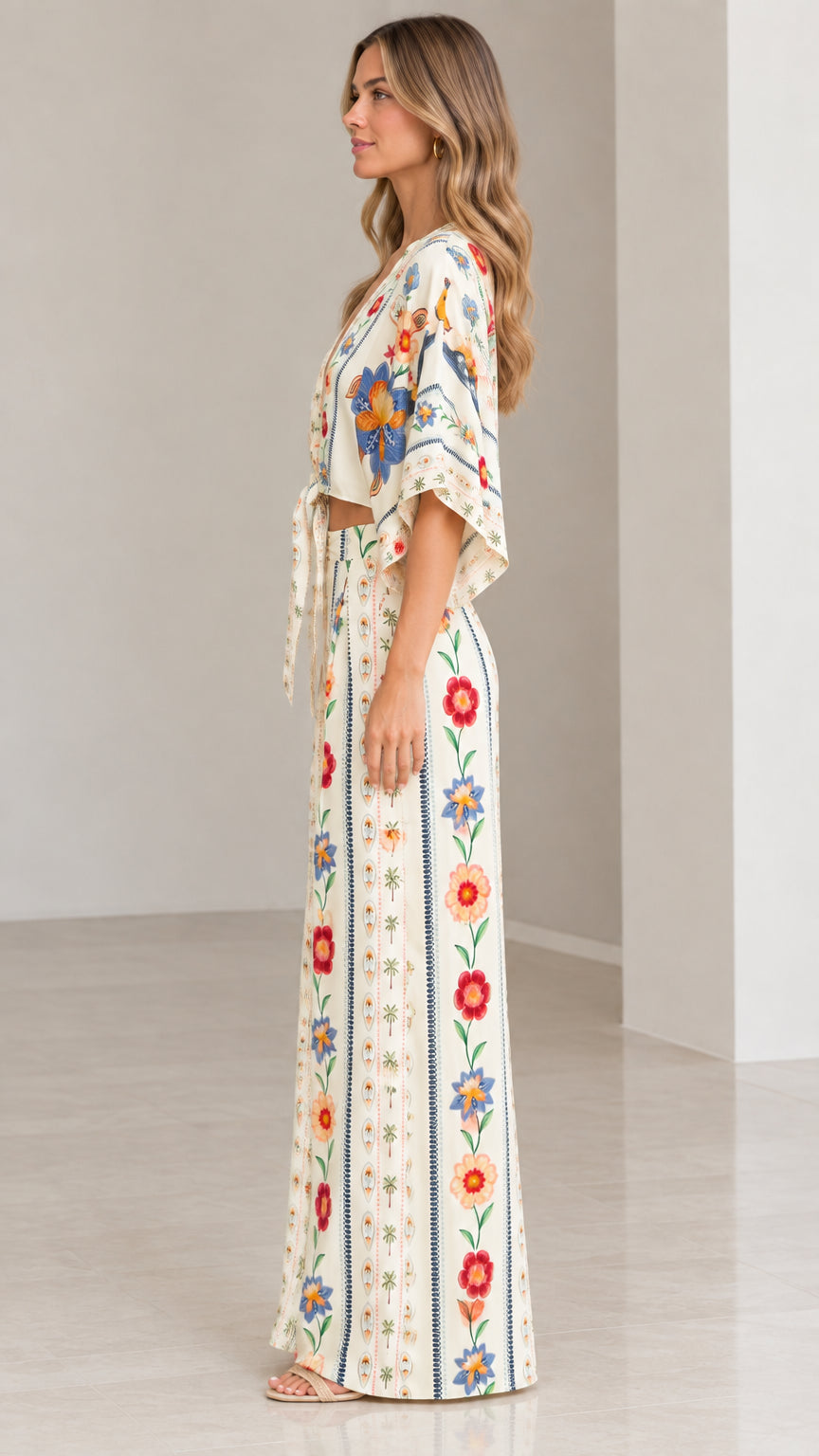 Side view of model in cream bohemian floral matching co-ord set